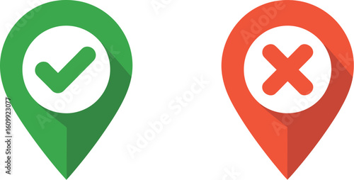 A graphic showing a green location pin with a check mark and a red location pin with an x mark icon