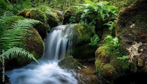 a small waterfall cascades over rocks with ferns and plants growing around it