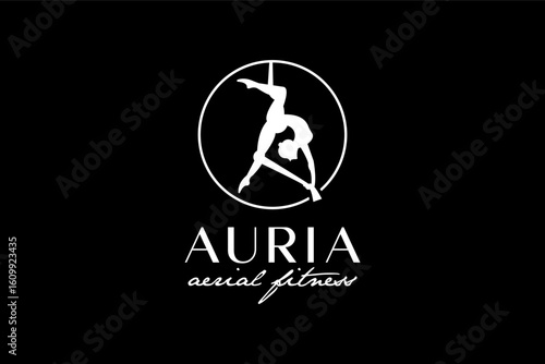 Aerial fitness studio logo with woman acrobat silhouette