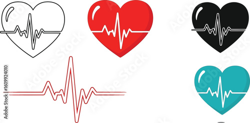 Illustration of heart icons with electrocardiogram lines in various colors and styles