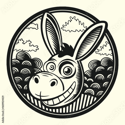 Happy cartoon donkey head in a vintage black and white circle logo or emblem vector illustration