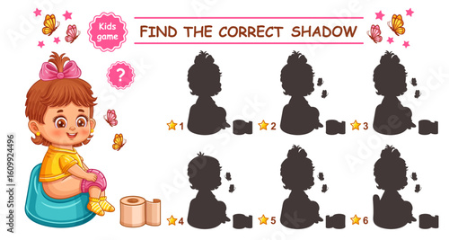 Cute baby child girl sitting on toilet potty. Find correct shadow shape. Kid education puzzle game. Search picture silhouette. Little infant. Toddler pot training. Preschool learning worksheet. Vector