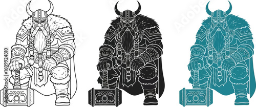 Vector set featuring three viking warriors with horned helmets and hammers in different styles