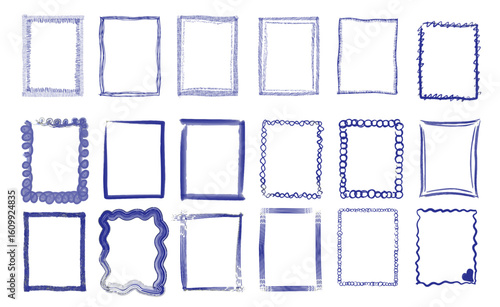 Set of hand-drawn rectangular frames in blue crayon style, textured sketch borders collection