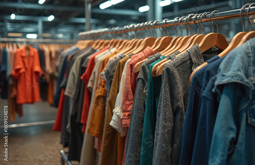 Wallpaper Mural Rows of colorful clothing hang on racks, hinting at fast fashion environmental toll. Displays show textile waste, pollution, consumption impact. Focus on sustainability, recycling, ethical industry Torontodigital.ca