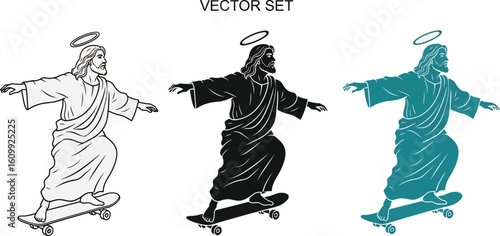 Three illustrations of jesus christ with a halo skateboarding in different color schemes