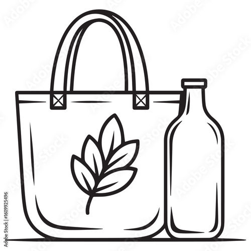 A reusable tote bag with a leaf design sits beside a glass bottle, symbolizing an ecofriendly and sustainable lifestyle
