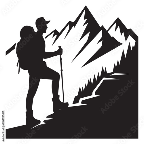 A silhouette of a hiker with a backpack climbing a mountain symbolizes adventure, challenge, and the pursuit of success isolated on white background