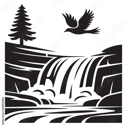 A tranquil waterfall cascades down amidst lush greenery, with a bird soaring above, capturing the serene beauty of natures landscape