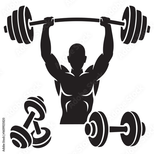 A weightlifter lifting a barbell with dumbbells, isolated on white background, representing fitness, strength, and bodybuilding