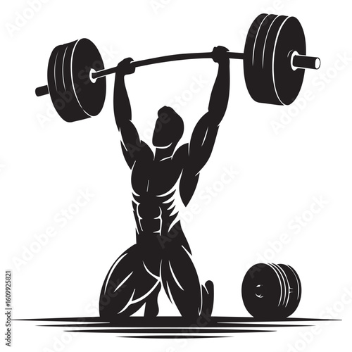 A weightlifter kneels while powerfully raising a heavy barbell overhead, showcasing strength and determination isolated on white background
