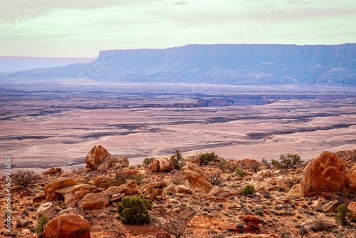 Photography Scenic desert landscape with rocky formations.