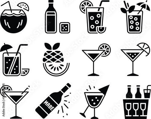 Collection of tropical cocktails and drinks in a fun doodle style