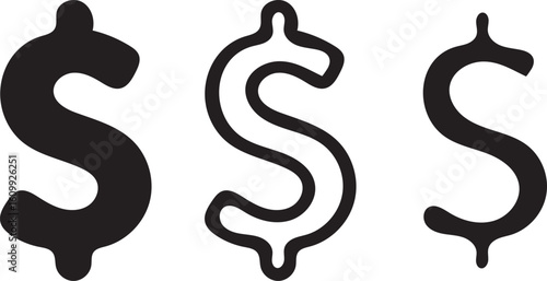 A visual representation of three dollar signs, showcasing a solid-filled version, an outlined version, and a thinner outline version.