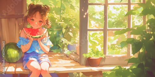 スイカを食べる女の子。