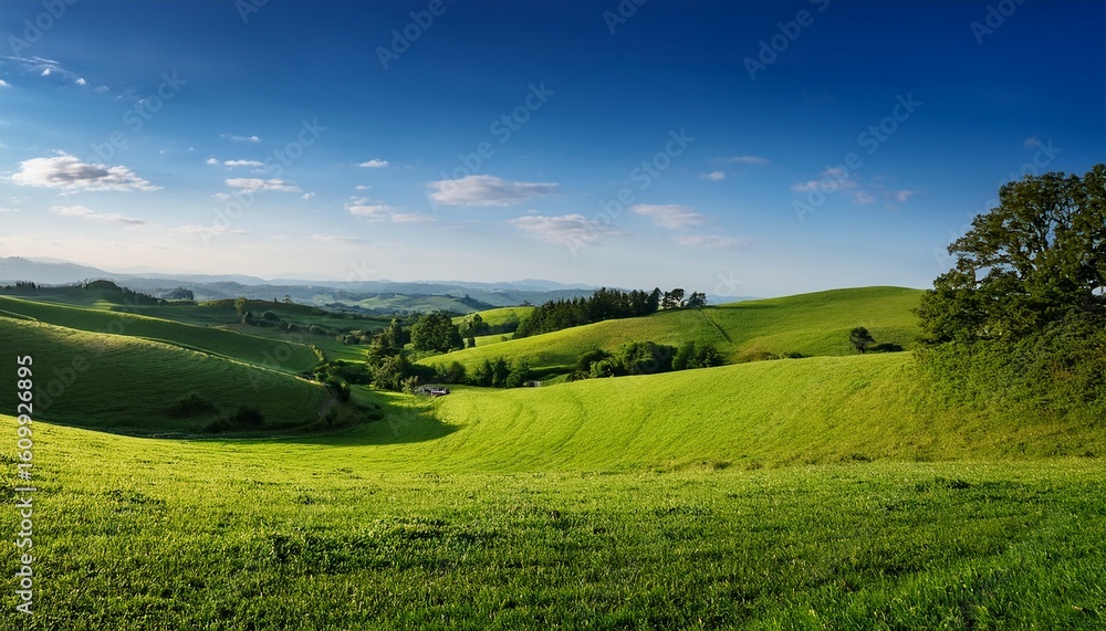 Fototapeta premium a vibrant serene landscape showcasing rolling hills lush greenery and a clear blue sky evoking tranquility and nature s beauty