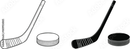 Two hockey sticks and pucks depicted in black and white on a divided background