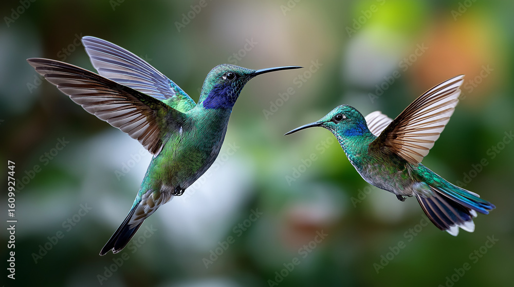 Fototapeta premium Iridescent hummingbirds in flight with soft lighting