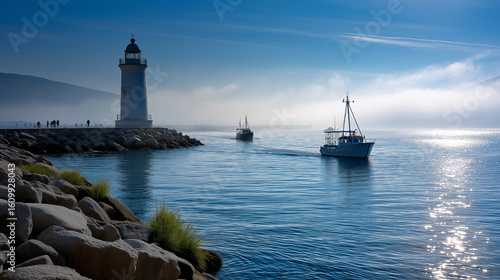 Wallpaper Mural Lighthouse guiding boats through misty waters with gentle sunlight Torontodigital.ca