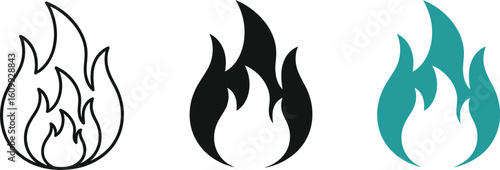 Three stylized fire icons in black outline, solid black, and solid teal on white background