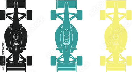 Overhead view of three formula one race cars in black teal and yellow on white background