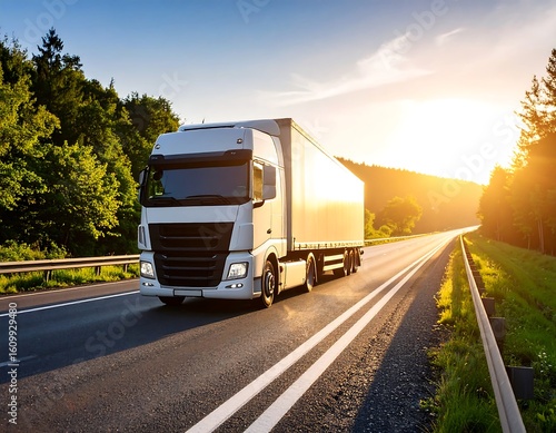 White truck on highway at sunset. Lush green forest lines the road