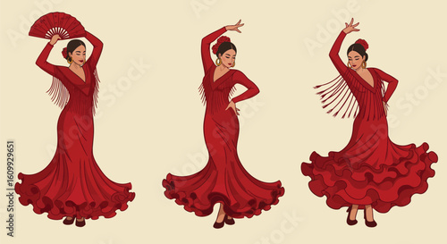 Flamenco Dancer Poses in Red Dress