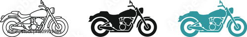 Three motorcycle illustrations in different styles and colors side by side on white
