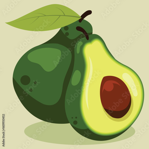 Two avocados, one whole and one halved to reveal the pit, with a leaf, against a light background.