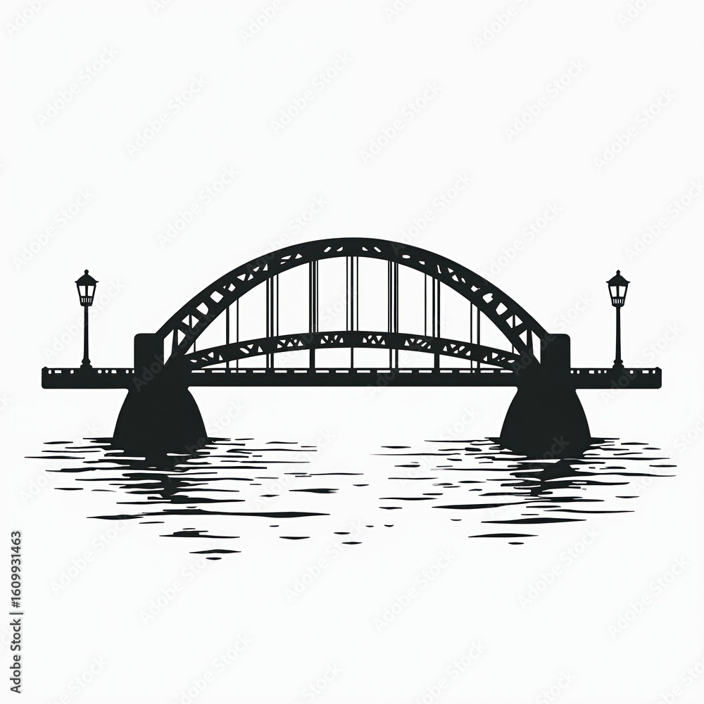 Obraz premium Black, white illustration of arched bridge with streetlights spanning over water. Features minimalist, geometric design with clean lines. Silhouette conveys connection, urban landscape, ideal for