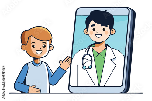 A young boy happily waves to a smiling doctor on a smartphone screen during a virtual medical consultation