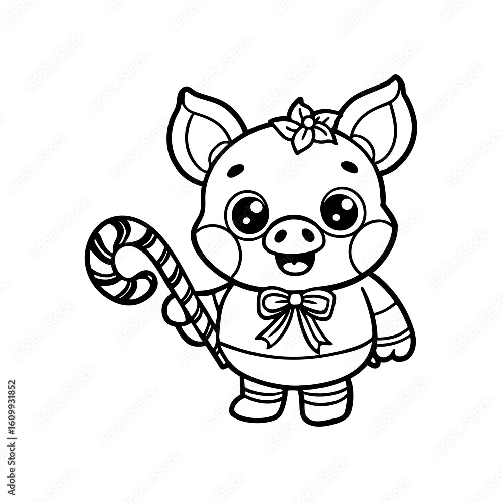 Obraz premium A cute cartoon pig character holding a striped candy cane, depicted in a black and white outline style.