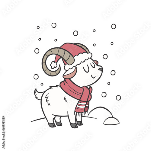 An adorable cartoon goat, dressed in a festive red Santa hat and matching scarf, stands peacefully amidst falling snowflakes on a winter day.