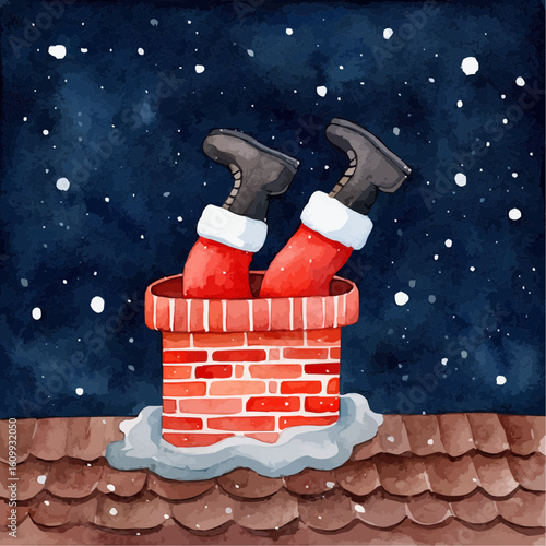 Funny vector illustration of Santa upside down a chimney 