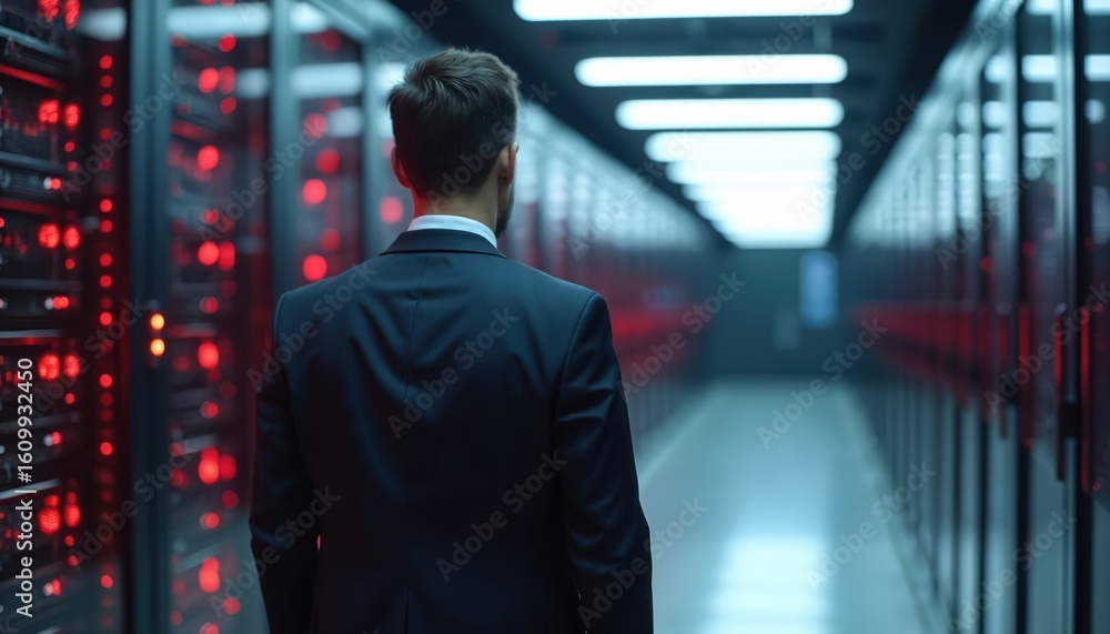 Fototapeta premium Man in suit stands in server room with rows of black servers featuring red lights. Focuses on technology, professionalism, infrastructure. Image represents data processing, digital information,