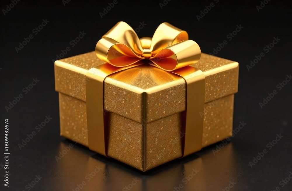 Obraz premium Black open gift box with golden ribbon, light from inside, isolated on black background - 3D illustration