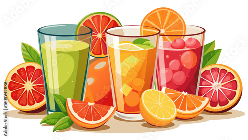 very Beautiful Isolated drinks. Glasses of fresh citrus juices (orange, grapefruit, lemon, lime) and cut fruits isolated on white background