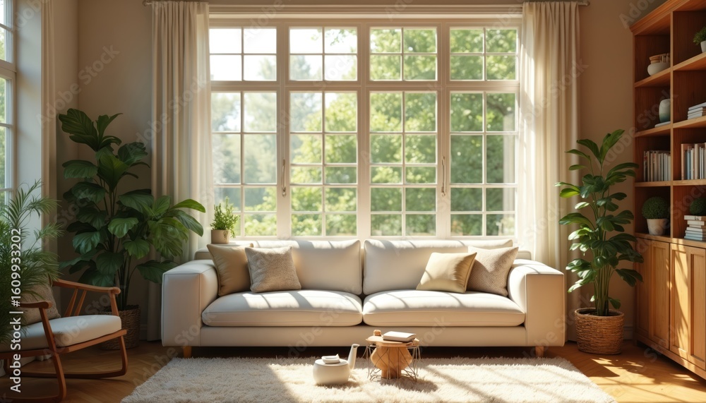 Fototapeta premium Cozy living room boasts comfortable white couch bathed in bright daylight streaming through large windows. Elegant curtains frame green trees outside. Warm atmosphere, inviting space, modern interior