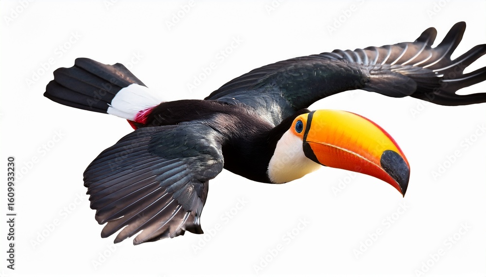 Naklejka premium beautiful flying toucan isolated on a white background for use in nature themed designs and education materials and transparent background