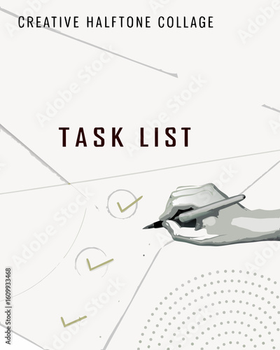 Creative halftone collage with task list, hand writing with pen, and check marks on a white background view created with generated ai