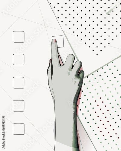A hand pressing a checkbox on a list with a dotted pattern overlaying the background of the image here created with generated ai