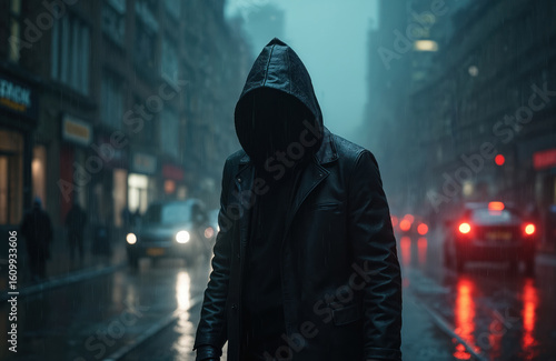 Anonymous figure in hooded black leather jacket walks alone on rainy city street at night. Mysterious, dark, dangerous atmosphere. Faceless man shrouded in fog creates unease and intrigue.