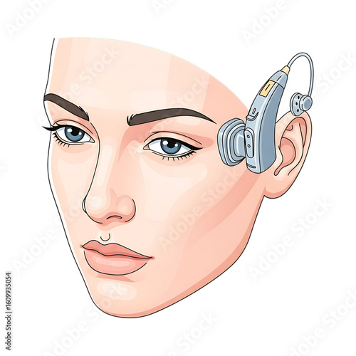 Female profile with hearing device on the ear.