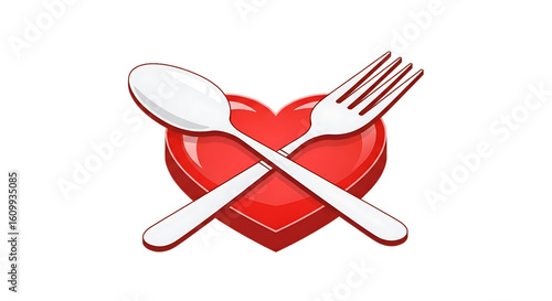 Heart symbol with crossed spoon and fork.