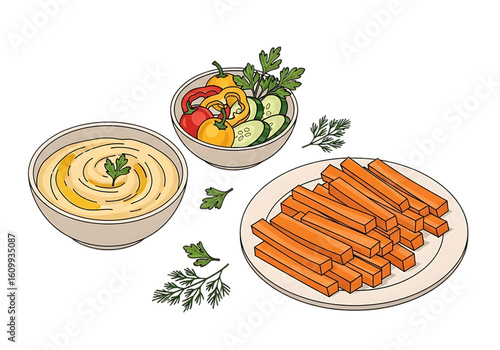 Middle Eastern meal with hummus, carrots, and vegetables.