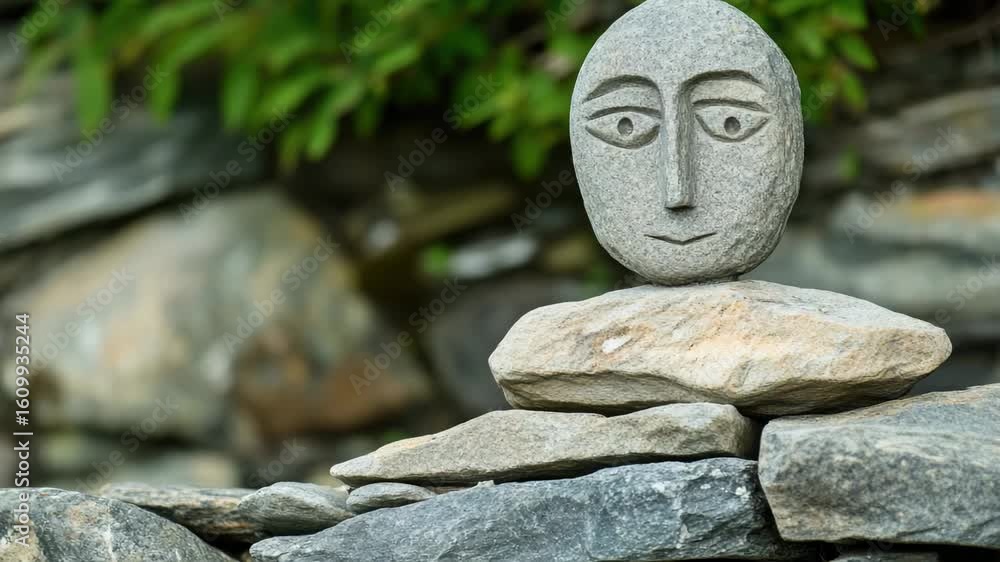 A stone sculpture of a face sits atop a pile of rocks, with intricate details and textures A stone sculpture of a face sits atop a pile of rocks, with intricate details and textures