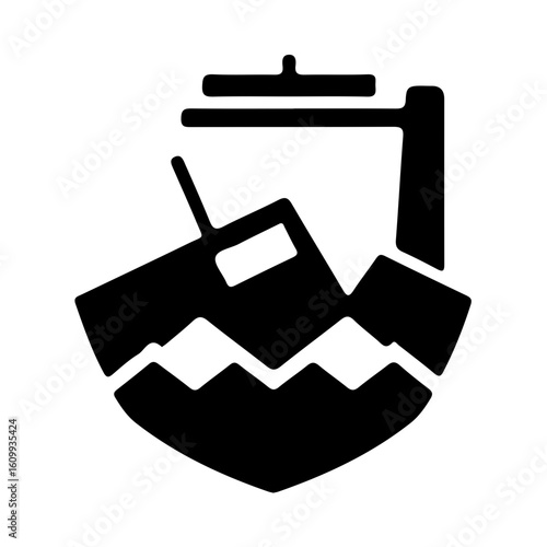 A black and white silhouette of a sunken ship, depicted within a shield-like shape, symbolizing maritime disaster or loss.