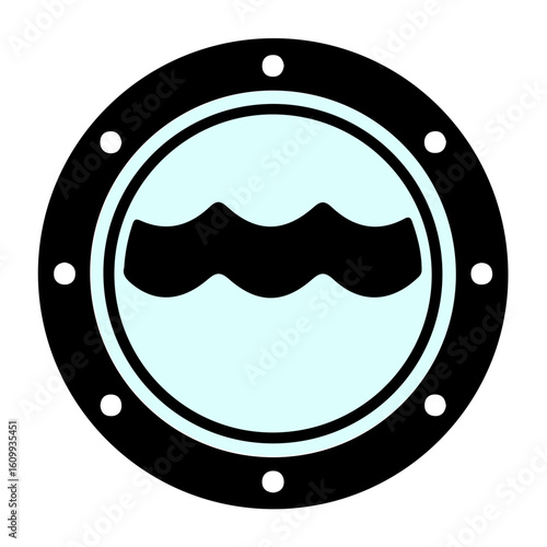 A stylized porthole depicting ocean waves, a nautical symbol.