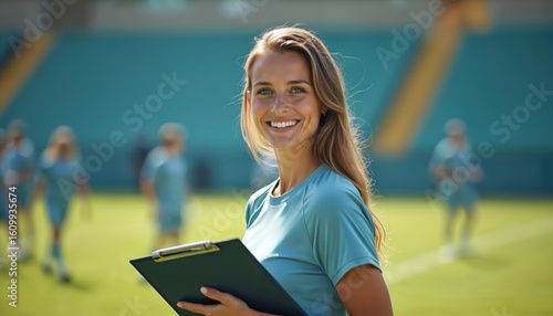 Fototapeta Naklejka Na Ścianę i Meble -  Confident young woman coach on football field holding clipboard, smiling. Leads team with determination, strategy. Female athletic trainer plans drills, motivates players for sports success, teamwork.