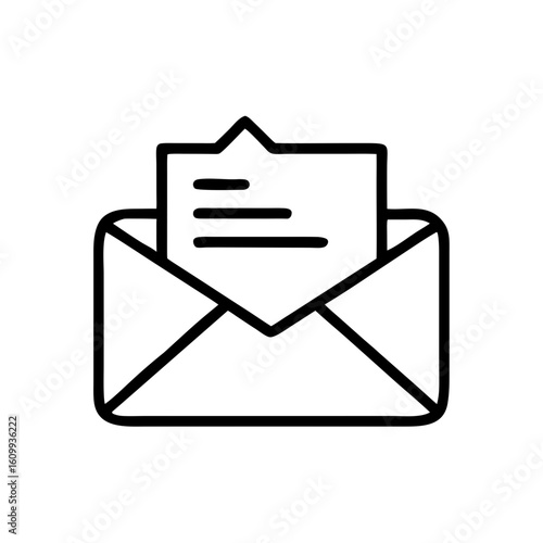 Open envelope with a letter inside showing lines of text in a simple outline, e-mail icon